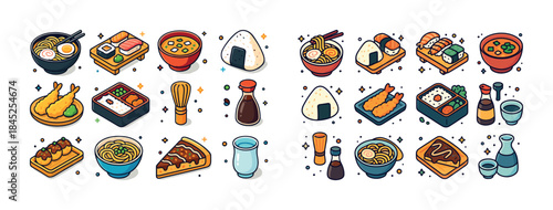 Colorful japanese cuisine icons featuring sushi, ramen, and bent
