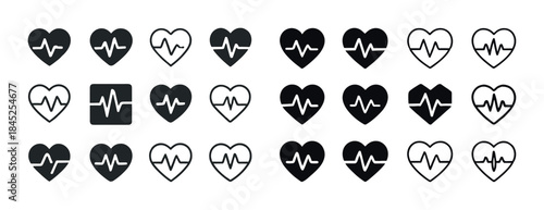 Variety of heart icons with ekg lines in black and white styles
