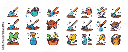 Colorful gardening tools and activities collection for plant car