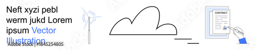 Renewable energy, cloud computing, digital contracts, sustainability, innovation, technology. Minimalist design a wind turbine, a cloud shape and a signed contract. Renewable energy and cloud