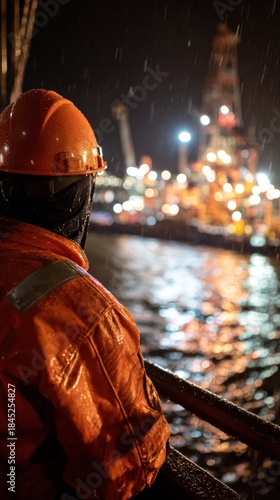 Offshore Oil Worker Gazing at Nighttime Drilling Platform.