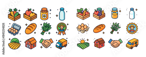 Colorful farm produce icons featuring fresh food, agriculture, a