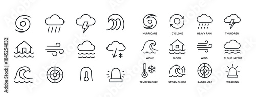 Weather icons set: hurricane, cyclone, flood, wind, thunderstorm