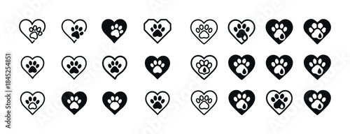 Heart and paw icon set: pet love and care symbols, black and whi