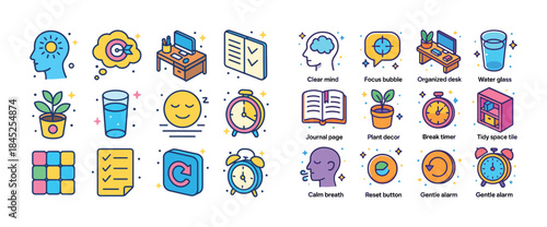 Colorful icons representing mindfulness and productivity concept