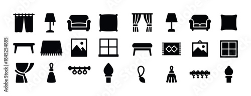 Silhouette icons: curtains, lamps, sofas, cushions, home decor e