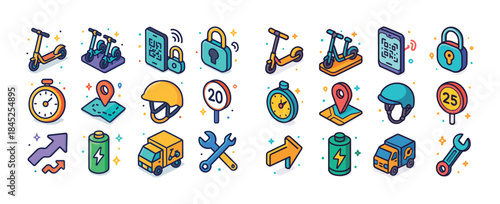 Electric scooters and accessories in colorful icons for mobility