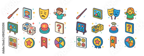 Colorful set of education and entertainment icons featuring game