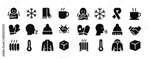 Winter icons: cold, snowflake, mug, scarf, thermometer, mittens,