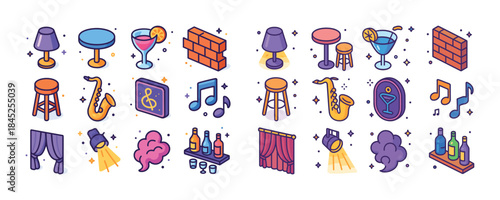 Colorful isometric bar and music icons with cocktail, saxophone,