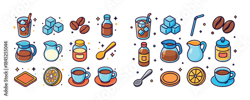 Colorful coffee and tea items set with cups, saucers, sugar cube