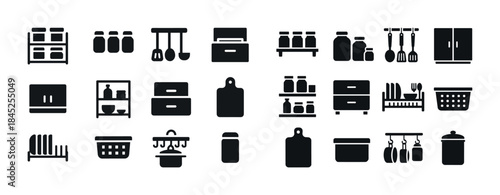 Set of kitchen utensil and appliance icons in black silhouette s