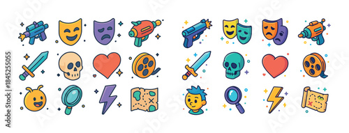 Colorful cartoon icons: weapons, theater masks, emojis, and symb