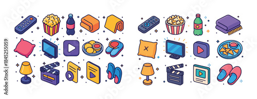 Colorful cinema and home entertainment icons with snacks and rel