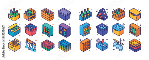 Colorful isometric beverage and food storage containers