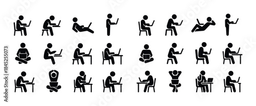 Various stick figure poses with laptops in different sitting and
