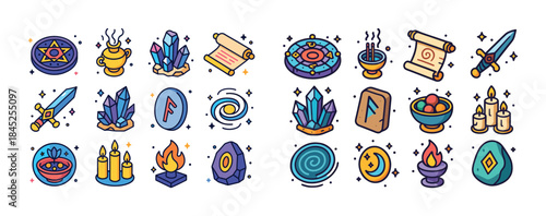 Mystical magic icons set with crystals, symbols, and candles