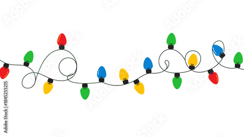 A festive illustration of colorful christmas string lights on a plain white background