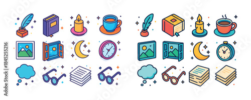 Colorful icon set featuring books, coffee, candles, clocks, and