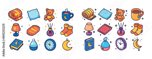 Cozy bedtime collection with teddy bear, pillow, mug, blanket, a