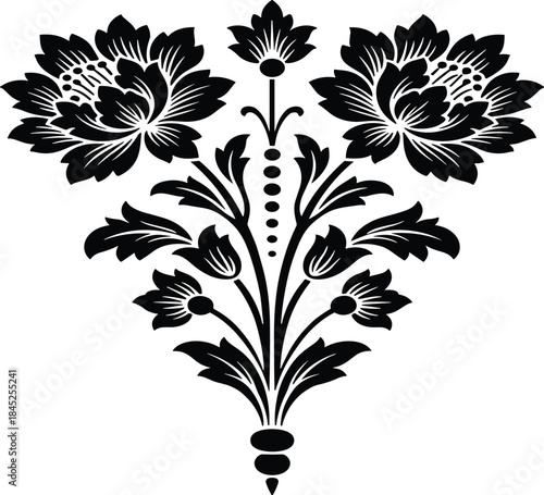The image presents a floral design in a symmetrical arrangement. The dominant elements are the stylized flowers and foliage, rendered in solid black against a stark white background.
