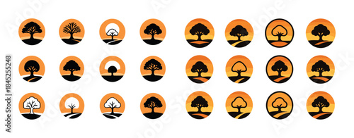 Collection of stylized tree icons with orange sunset background