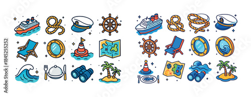 Nautical icons collection: ship, anchor, map, helm, binoculars,