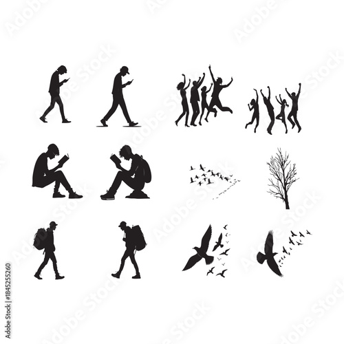 
This image features a diverse collection of black-and-white silhouettes depicting people in various lifestyle activities, alongside nature elements.

