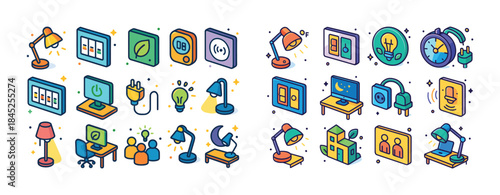 Colorful isometric icons of smart home technology and office equ