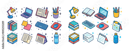 Colorful isometric office supplies and technology icons set