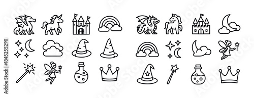 Whimsical fantasy icons: dragons, unicorns, castles, wizards, fa