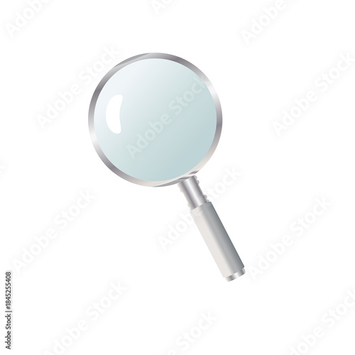 Magnifying glass, classic optical tool for enlarging small details, clear lens and silver handle, research and investigation instrument, simple design
