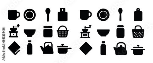 Black silhouette icons: kitchen utensils, tableware, appliances,