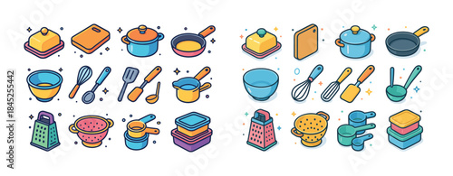 Colorful kitchen utensils and appliances illustration with pots,