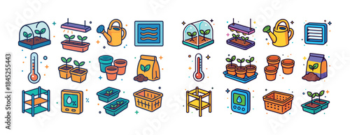 Colorful garden tools and supplies icons for indoor planting