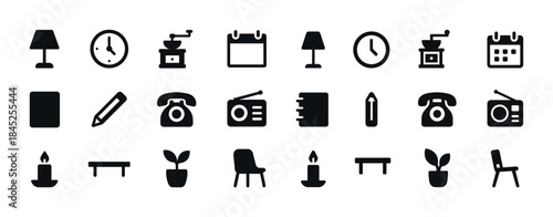 Set of simple black icons: furniture, stationery, and electronic
