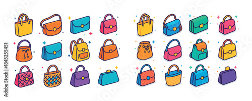 Colorful cartoon handbags and purses collection with various sty
