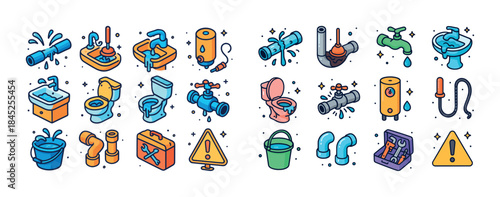 Colorful plumbing tools and fixtures collection with pipes and f