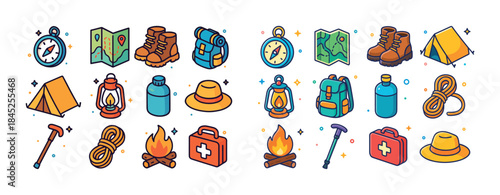 Colorful camping icons: gear, maps, and nature essentials