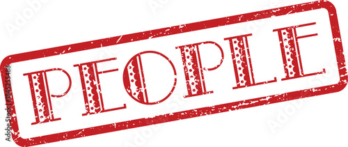 Red distressed rubber stamp mark featuring the word PEOPLE with a unique patterned text fill