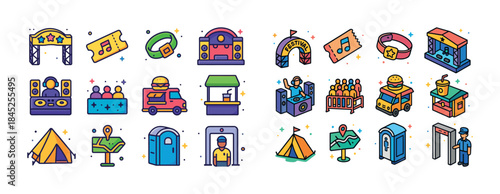 Colorful festival icons featuring music, food, and entertainment