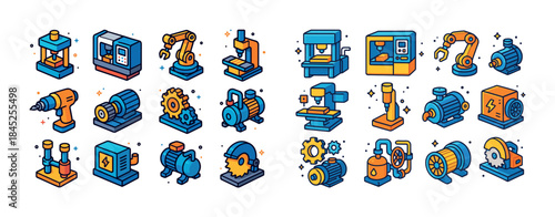 Colorful industrial machinery icons: robotics, tools, and equipm