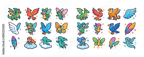 Colorful fantasy creatures and fairies with wings and magical el