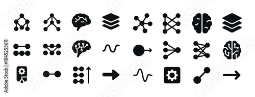 Black icons of neural networks, arrows, and brain illustrations