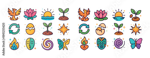 Colorful icon set featuring nature, growth, and transformation s