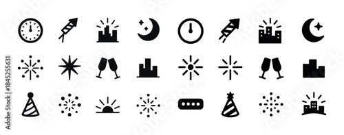 New year celebration icons: fireworks, clocks, cityscape, and fe