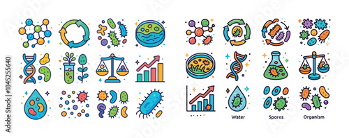 Colorful bacteria and science icons illustrating microbiology co