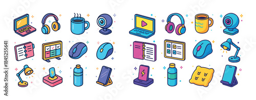 Colorful collection of office and tech gadgets in cute cartoon s