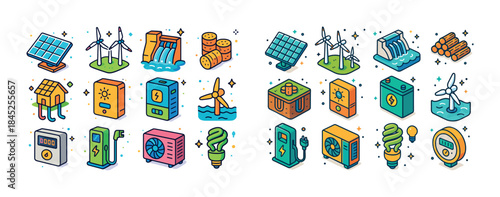 Renewable energy icons: solar panels, wind turbines, hydropower,