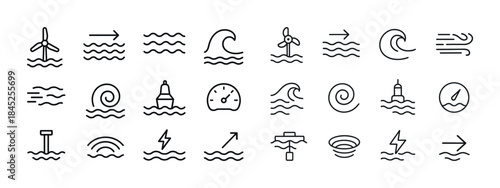 Set of wind and wave line icons: energy, speed, tide, and nautic
